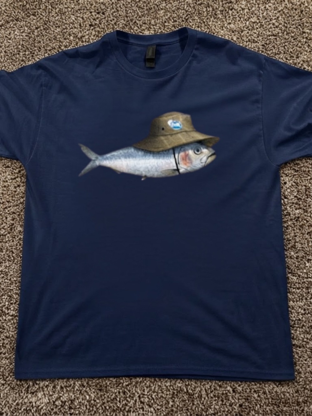 Gildan Navy Blue Fish Graphic T-Shirt with Bucket Hat Design